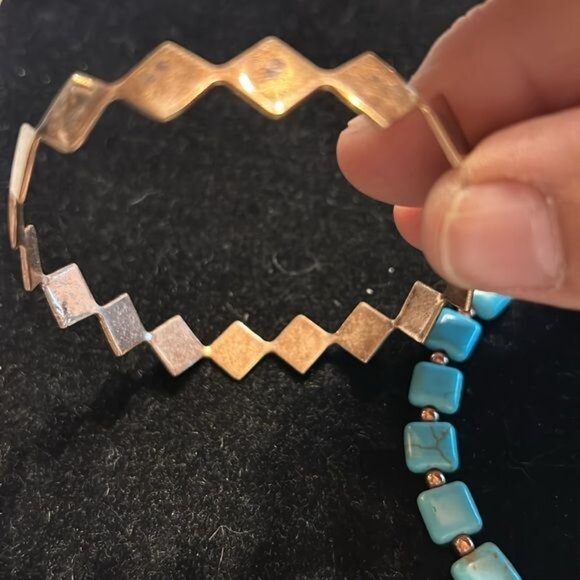 Turquoise Bead Necklace Copper Spiral Cuff Zigzag Bracelet, Round Earrings Set - Picture 3 of 5
